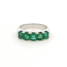 18K White Gold Five-Stone Natural Emerald & Diamond Band Ring | Anniversary Statement Fine Jewelry - Ring