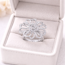 18K White Gold Floral Statement Ring | Natural Diamond Dual Bloom Half-Prong Design Jewelry - Ring