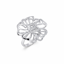 18K White Gold Floral Statement Ring | Natural Diamond Dual Bloom Half-Prong Design Jewelry - Ring