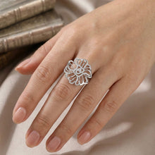18K White Gold Floral Statement Ring | Natural Diamond Dual Bloom Half-Prong Design Jewelry - Ring