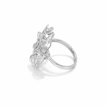 18K White Gold Floral Statement Ring | Natural Diamond Dual Bloom Half-Prong Design Jewelry - Ring