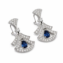 18K White Gold | Natural Blue Sapphire & Diamond Drop Earrings | Art Deco Fan Design | Opulent Bridal Jewelry - Earrings