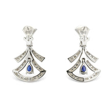 18K White Gold | Natural Blue Sapphire & Diamond Drop Earrings | Art Deco Fan Design | Opulent Bridal Jewelry - Earrings