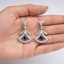18K White Gold | Natural Blue Sapphire & Diamond Drop Earrings | Art Deco Fan Design | Opulent Bridal Jewelry - Earrings
