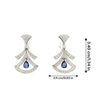 18K White Gold | Natural Blue Sapphire & Diamond Drop Earrings | Art Deco Fan Design | Opulent Bridal Jewelry - Earrings