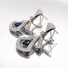18K White Gold | Natural Blue Sapphire & Diamond Drop Earrings | Art Deco Fan Design | Opulent Bridal Jewelry - Earrings