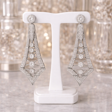 18K White Gold Natural Diamond Art Deco Drop Earrings | Vintage Geometric Statement Jewelry - Earrings