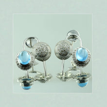 18K White Gold Earring Pendant with Natural Round Diamond & Blue Topaz Cabochon Spearhead Needle Drop Jewellery Set