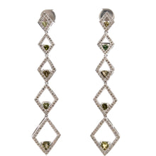 18K White Gold Shoulder Duster Earrings With Natural Diamond & Peridot Gemstone Semiprecious Ear Danglers