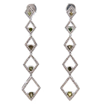 18K White Gold Shoulder Duster Earrings With Natural Diamond & Peridot Gemstone Semiprecious Ear Danglers