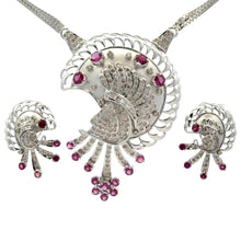 18K White Gold Natural Diamond & Rhodolite Garnet Necklace and Earrings Set | Peacock Design Motif Jewelry - Necklace