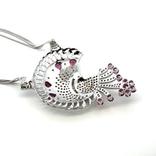 18K White Gold Natural Diamond & Rhodolite Garnet Necklace and Earrings Set | Peacock Design Motif Jewelry - Necklace