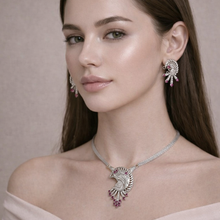 18K White Gold Natural Diamond & Rhodolite Garnet Necklace and Earrings Set | Peacock Design Motif Jewelry - Necklace