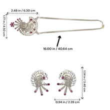 18K White Gold Natural Diamond & Rhodolite Garnet Necklace and Earrings Set | Peacock Design Motif Jewelry - Necklace