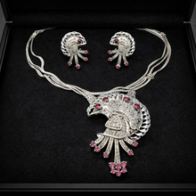18K White Gold Natural Diamond & Rhodolite Garnet Necklace and Earrings Set | Peacock Design Motif Jewelry - Necklace