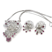 18K White Gold Natural Diamond & Rhodolite Garnet Necklace and Earrings Set | Peacock Design Motif Jewelry - Necklace