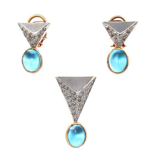 18K White Gold | Natural Diamond & Swiss Blue Topaz Triangle Drop Pendant & Earrings Set | Modern Geometric Style