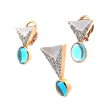 18K White Gold | Natural Diamond & Swiss Blue Topaz Triangle Drop Pendant & Earrings Set | Modern Geometric Style