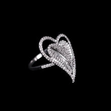 18K White Gold Natural Round Diamond Double Heart Ring | Romantic Pavé Design Jewelry - Ring