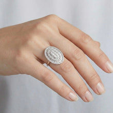 18K White Gold Oval Cocktail Statement Ring | Natural Diamond Baguette & Pavé Halo Design | Bold Luxury Jewelry - Ring