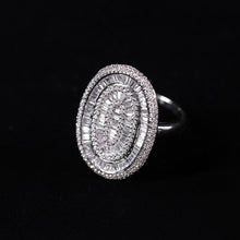 18K White Gold Oval Cocktail Statement Ring | Natural Diamond Baguette & Pavé Halo Design | Bold Luxury Jewelry - Ring