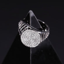 18K White Gold Pavé Signet Ring | Natural Diamond Round Face | Grooved Shoulders | Heritage Men Band - Ring