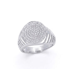 18K White Gold Pavé Signet Ring | Natural Diamond Round Face | Grooved Shoulders | Heritage Men Band - Ring