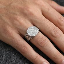 18K White Gold Pavé Signet Ring | Natural Diamond Round Face | Grooved Shoulders | Heritage Men Band - Ring