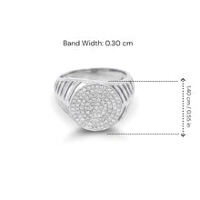 18K White Gold Pavé Signet Ring | Natural Diamond Round Face | Grooved Shoulders | Heritage Men Band - Ring