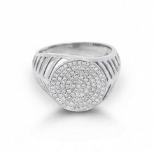 18K White Gold Pavé Signet Ring | Natural Diamond Round Face | Grooved Shoulders | Heritage Men Band - Ring