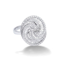 18K White Gold Spiral Cocktail Statement Ring | Natural Diamond Baguette & Round Swirl Design - Ring