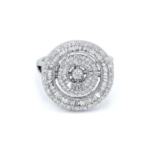 18K White Gold Spiral Halo Statement Ring | Natural Diamond Baguette & Round Pavé Design - Ring