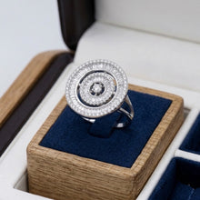 18K White Gold Spiral Halo Statement Ring | Natural Diamond Baguette & Round Pavé Design - Ring