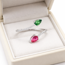 18K White Gold Two-Stone Bypass Ring | Natural Tsavorite Rubellite & Diamond Pavé Accent Band Jewelry - Ring
