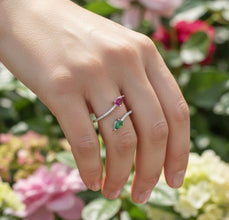 18K White Gold Two-Stone Bypass Ring | Natural Tsavorite Rubellite & Diamond Pavé Accent Band Jewelry - Ring