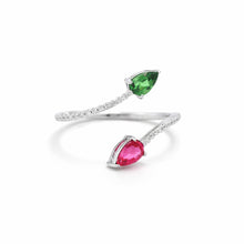 18K White Gold Two-Stone Bypass Ring | Natural Tsavorite Rubellite & Diamond Pavé Accent Band Jewelry - Ring