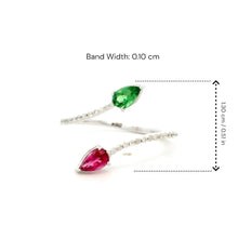 18K White Gold Two-Stone Bypass Ring | Natural Tsavorite Rubellite & Diamond Pavé Accent Band Jewelry - Ring