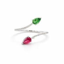 18K White Gold Two-Stone Bypass Ring | Natural Tsavorite Rubellite & Diamond Pavé Accent Band Jewelry - Ring