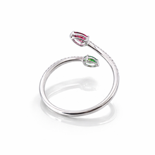 18K White Gold Two-Stone Bypass Ring | Natural Tsavorite Rubellite & Diamond Pavé Accent Band Jewelry - Ring