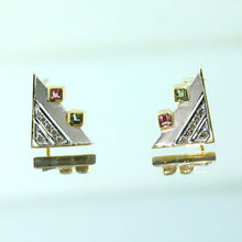 18K White & Yellow Two Tone Gold Earring Pendant with Natural Round Diamond and Square Multi Tourmaline Gemstones