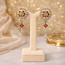 18K White & Yellow Gold | Natural Diamond & Ruby Necklace and Earrings Set | Floral Cluster Pavé Jewelry - Necklace