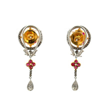 18K White & Yellow Gold | Natural Diamond & Ruby Necklace and Earrings Set | Floral Cluster Pavé Jewelry - Necklace