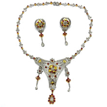 18K White & Yellow Gold | Natural Diamond & Ruby Necklace and Earrings Set | Floral Cluster Pavé Jewelry - Necklace
