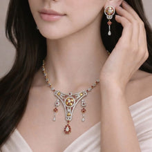 18K White & Yellow Gold | Natural Diamond & Ruby Necklace and Earrings Set | Floral Cluster Pavé Jewelry - Necklace