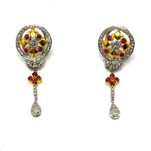 18K White & Yellow Gold | Natural Diamond & Ruby Necklace and Earrings Set | Floral Cluster Pavé Jewelry - Necklace