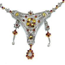18K White & Yellow Gold | Natural Diamond & Ruby Necklace and Earrings Set | Floral Cluster Pavé Jewelry - Necklace