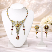 18K White & Yellow Gold | Natural Diamond & Ruby Necklace and Earrings Set | Floral Cluster Pavé Jewelry - Necklace