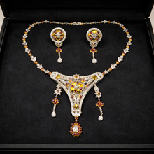 18K White & Yellow Gold | Natural Diamond & Ruby Necklace and Earrings Set | Floral Cluster Pavé Jewelry - Necklace