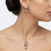 18K White & Yellow Gold | Natural Diamond & Tourmaline Pendant & Earrings Set | Floral Cross Motif Jewelry - Pendant