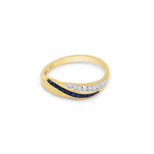 18K Yellow Gold Crossover Band Ring | Natural Sapphire & Diamond | Channel-Set Baguette Crisscross Design - Ring